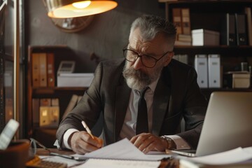 Serious and focused financier accountant on paper work inside office, mature man using calculator and laptop for calculating reports and summarizing accounts, businessman at work in suit,Generative AI - obrazy, fototapety, plakaty