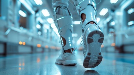 The latest advancement in medical physical therapy: The use of an advanced robotic exoskeleton to help a patient with a disability walk. Scientists and engineers use tablet computers to help