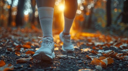 An athlete was running along an embankment when she felt a sharp pain in her knee joint due to a dislocation or rupture of the meniscus - obrazy, fototapety, plakaty