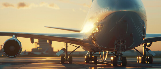 Jet airliner on tarmac at sunset, preparing for an adventure. - obrazy, fototapety, plakaty