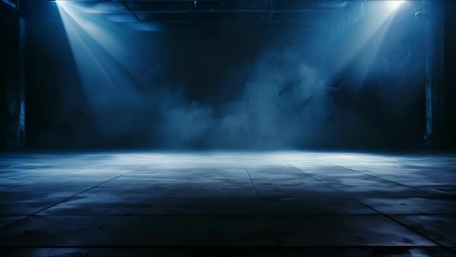 Room with smoke and light. Empty space with concrete floor and neon illumination. AI-generated.