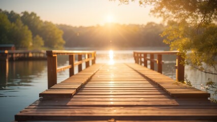 A wooden porch bridge at the lake, at sunrise