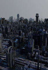 Future City - Industrial Zone in the Mist, 3d digitally rendered illustration