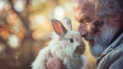 An imposing man with a scarred face gently brushing and caring for a fluffy angora rabbit - obrazy, fototapety, plakaty