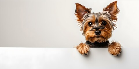 Adorable yorkshire terrier peeks over edge, cute pet portrait on white background, fluffy small dog with big ears. AI