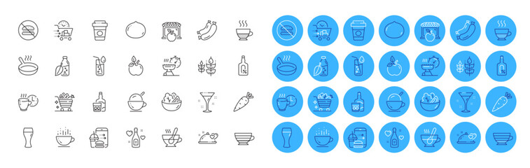 Food order, Cocktail and Frying pan line icons pack. Alcohol free, Coffee cup, Whiskey glass web icon. Market, Romantic dinner, Ice cream pictogram. Salad, Coffee break, Cappuccino. Vector