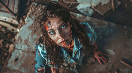 Obraz premium Makeup in zombie style. Professional makeup for filming