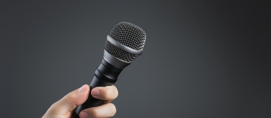 Journalist's hand holding microphone on grey background.