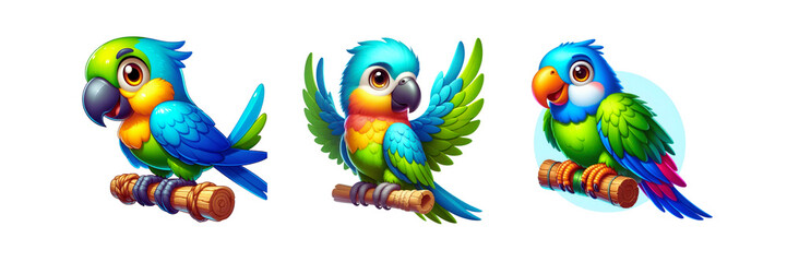 Set of Cartoon Parrot, illustration, isolated over on transparent white background