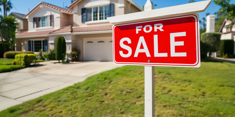 Residential real estate house property for sale sign outside home front entance