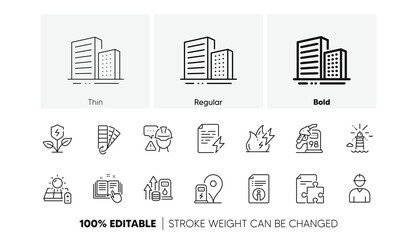 Eco power, Solar panel and Engineer line icons. Pack of Lighthouse, Fuel price, Fire energy icon. Charging station, Builder warning, Strategy pictogram. Buildings. Line icons. Vector