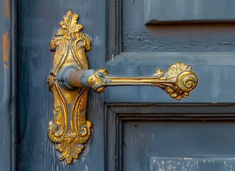 antique ornate gold door handle on a blue wall