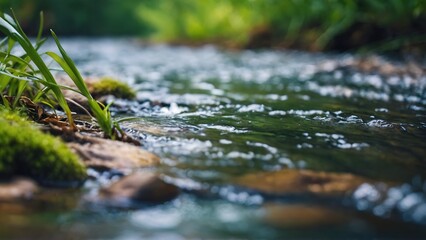 Beautiful spring detailed close up stream of fresh water with young green plants