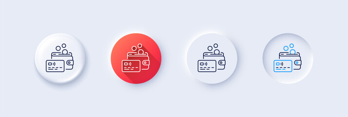 Credit card line icon. Neumorphic, Red gradient, 3d pin buttons. Bank money payment sign. Wallet coin pay symbol. Line icons. Neumorphic buttons with outline signs. Vector