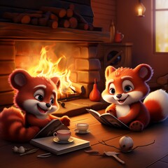 Red pandas organizing books around a cozy fireplace animation