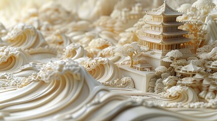 Artistic monochrome sculpture showcasing an Asian pagoda amid stylized waves, reflecting traditional craftsmanship in a modern medium.