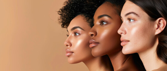 Diverse beauty represented by three women showcasing their unique complexions.