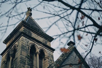 Der Kirchturm einer Kirche im Winter 