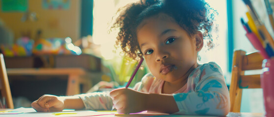 Focused child artistically engaged in drawing with crayons, surrounded by vibrant colors. - obrazy, fototapety, plakaty