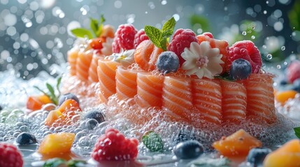 A sumptuous platter of sushi and sashimi adorned with fresh raspberries, blueberries, and vibrant...