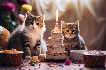Cat celebrating his birthday with piece of cake and party hat, funny cat wearing festive hat, Happy birthday concept pets, cute cat portrait - obrazy, fototapety, plakaty