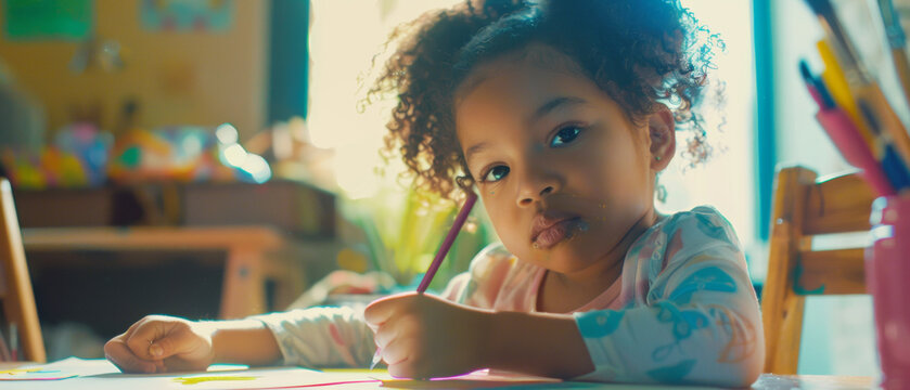 Focused child artistically engaged in drawing with crayons, surrounded by vibrant colors.