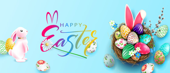 Easter illustration with cute bunny, basket of eggs on a blue background.