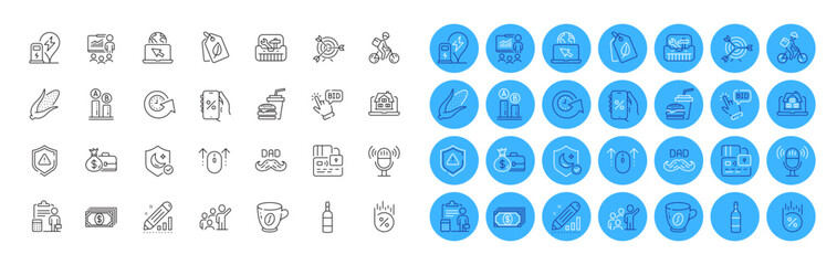 Fototapeta premium Brandy bottle, Guard and Swipe up line icons pack. Internet, Accounting, Payment web icon. Hamburger, Card, Father day pictogram. Loan percent, Delivery bike, Toolbox. Attention, Target. Vector