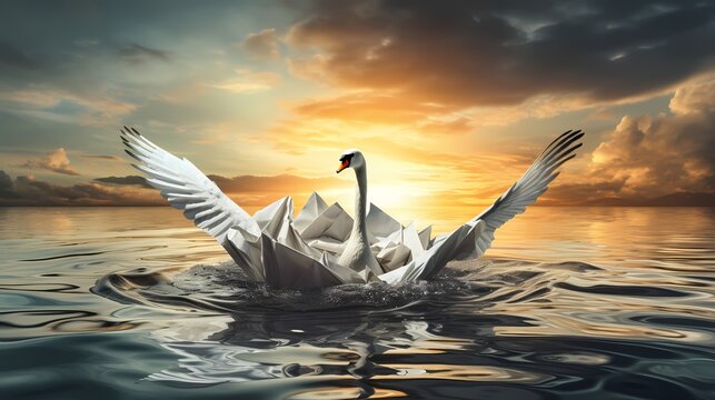 Transforming into a boat a swan and a flying bird symbolizes evolving ability and leadership in business change through innovation