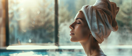 Serenity embodied in a woman relaxing at a tranquil spa, wrapped in a towel turban. - obrazy, fototapety, plakaty