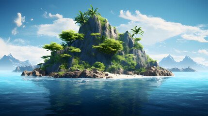 A tropical island in the middle of the ocean. A sunny tropical day at sea.