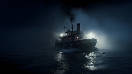 A steam boat sails through the night.