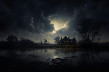 A dark night landscape with a cottage in the distance and a lake. Moonlight breaks through - obrazy, fototapety, plakaty