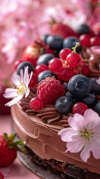 a chocolate cream cake with berries fruits