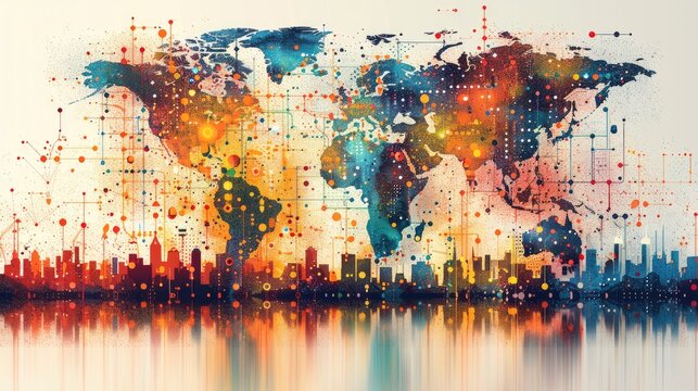 An abstract illustration of a world map blending with a vibrant urban skyline, reflected over water with a splash of colorful dots and lines, Abstract World Map with Urban Skyline Reflection.
