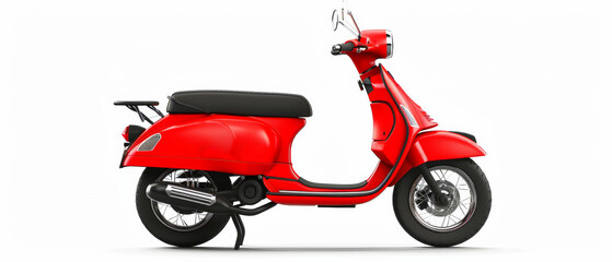 Vibrant red scooter standing out with simplicity against a stark white background.