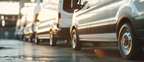 Fleet of delivery vans lined up and ready for dispatch at sunrise, promising prompt service. - obrazy, fototapety, plakaty