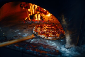 Pepperoni pizza in a wood-fired oven on the flame.
