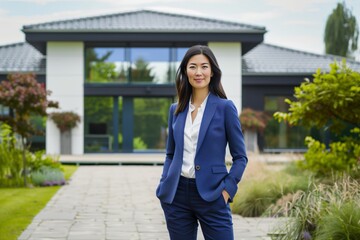 Real estate agent in a business suit against the backdrop of a modern house.
