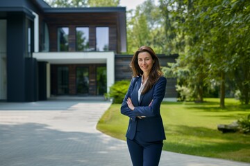 Fototapeta premium Smiling realtor in a business suit against the background of a mansion. 
