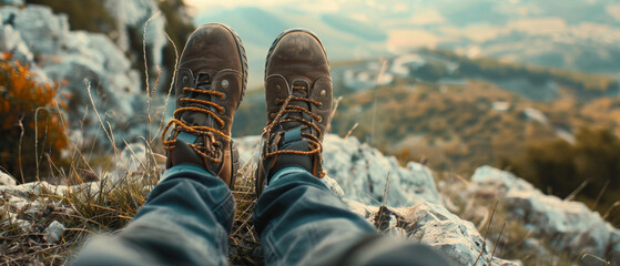 Hiker's boots rest on a rocky outcrop, offering a view of the valley beyond. - obrazy, fototapety, plakaty