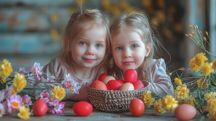 Fototapeta na wymiar In front of an easter table, two girls are tapping on red easter eggs with their fingers. This is a spring religious tradition.