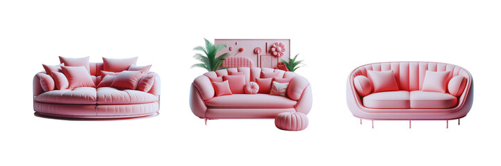 Set of pink color modern sofa, illustration, isolated over on transparent white background