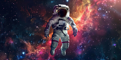 an astronaut in a spacesuit in outer space against star clusters, concept for Cosmonautics Day, astronomy, banner - obrazy, fototapety, plakaty