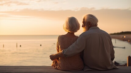 Elderly Couple Admiring Sunset by the Sea