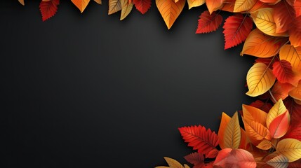 Autumn Hazel Leaves Border on Black Background