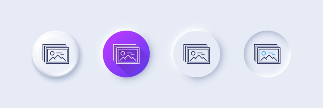 Image gallery line icon. Neumorphic, Purple gradient, 3d pin buttons. Photo thumbnail sign. Album picture placeholder symbol. Line icons. Neumorphic buttons with outline signs. Vector
