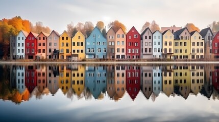Fototapeta na wymiar Colorful row of homes on a lake. Reflection of houses in the water. Old buildings in Europe. Architectural landscape