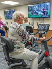 Fototapeta na wymiar Elderly Woman Exercising on Stationary Bike in Gym. An elderly woman focuses intently while working out on a stationary bike in a well-equipped gym, monitoring her progress.