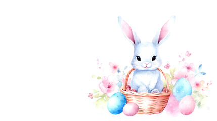 Watercolor, Easter bunny with Easter eggs, rabbit, Wicker basket, celebration, background, card, decoration